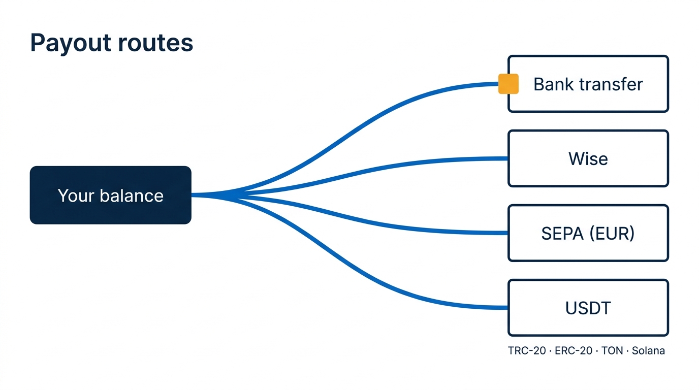 Diagram: a balance branching into four payout routes: bank transfer, Wise, SEPA in euro, and USDT on TRC-20, ERC-20, TON and Solana.